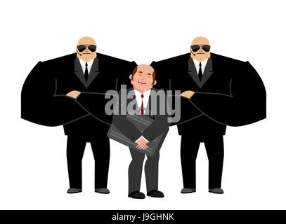 Bodyguard Services and businessman with suitcase. VIP protection. Black suit and hands-free. Strong Security on white background. customer protection  Stock Vector