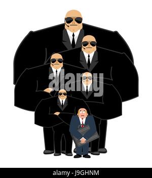 Bodyguard Services and businessman with suitcase. VIP protection. Black suit and hands-free. Strong Security on white background. customer protection  Stock Vector