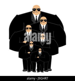 Bodyguard family. Black suit and hands-free. Security man. Protection and professional teamwork. Strong guard at nightclub. Stock Vector