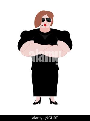 Female Bodyguard. Strong Woman guard at  nightclub. Black suit and hands-free. Lady Security on white background. protection and professional teamwork Stock Vector