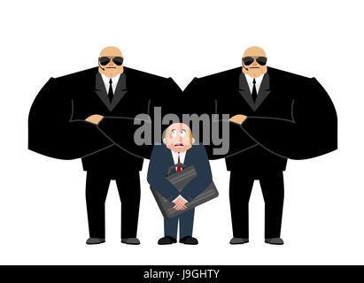 Bodyguard Services and businessman with suitcase. VIP protection. Black suit and hands-free. Strong Security on white background. customer protection  Stock Vector