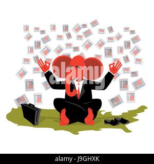 Red Elephant Republican meditates votes in USA map. Symbol of United States  political parties. Illustration for presidential elections in America. An Stock Vector