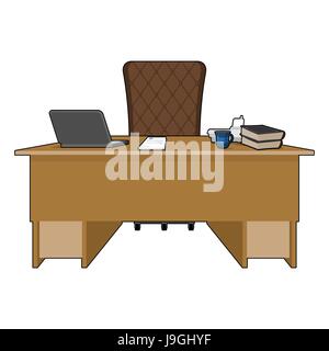 Boss table. Business office. leader supervisor. Director desktop. Laptop and phone. Cup of coffee and Chair. chief job Stock Vector