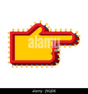 Pointing finger pointer with glowing lights. Retro cursor Hand with light bulb. Vintage direction arrow. Glittering lights signboard Stock Vector