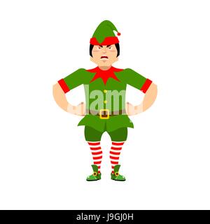 Angry Christmas elf. Aggressive assistant of Santa Claus. Grumpy little man in green suit. XMAS character for new year Stock Vector