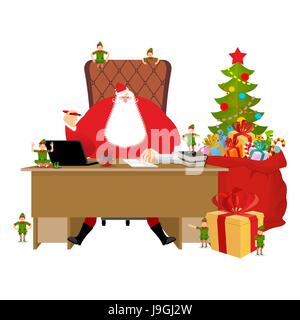 Santas Working office. Claus at work. Christmas elf helper. Big red bag with gifts for children. Desk and chair boss. New Year director. phone and doc Stock Vector