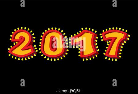 2017 with lamps. garland for New year and Christmas. Retro pointer with light bulb. Luminous signboard. Glowing numbers. Vintage shiny lettering bulbs Stock Vector