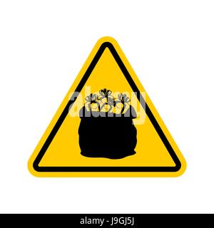 Warning sign attention Christmas gift. Santas sack with triangle. Dangers yellow sign. Attention New Year gifts and greetings Stock Vector