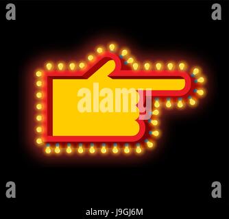 Retro signboard Hand pointer with light bulb. Pointing finger with glowing lights. Vintage direction arrow. Glittering lights Stock Vector