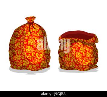 Father Frost Sack open empty and full painted Khokhloma for new year. Bag Santa Claus is from Russia. Russian National Folk ornament. sackful with gif Stock Vector