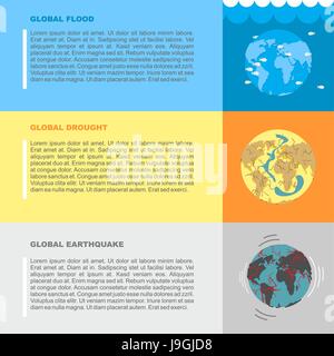 Earthquake, flood and drought. Natural disasters on planet Earth. World in peril. Destruction and demolition of  Earth. Apocalypse in world. Stock Vector