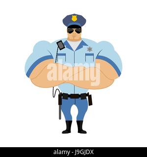 Police officer. Man in form of policing. Police man in bodybuilder shirt. Strong guardian of  law in CAP and with police baton. Hard strong police fol Stock Vector
