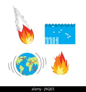 Natural disaste rplanet Earth. Meteorite flies to Earth. Flood, flooding. An earthquake split Earths crust. Crack on planet Earth. Fire is sign of fir Stock Vector