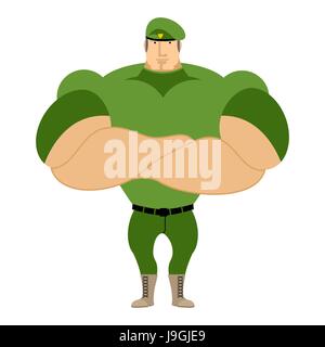 Marine in green beret. Special forces of strong man. Big paratrooper on guard homeland. Military defender in soldiers uniform. Athletic soldiers with  Stock Vector