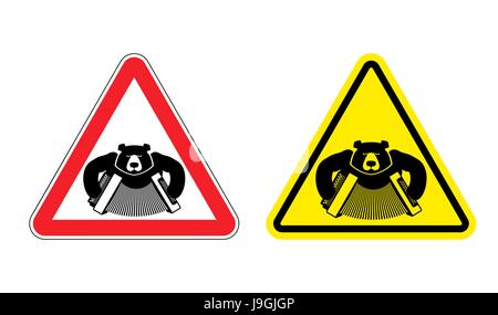 Warning sign drunk Russian tourist attention. Dangers yellow sign people from Russia. Bear with accordion on red triangle. Set of road signs against a Stock Vector