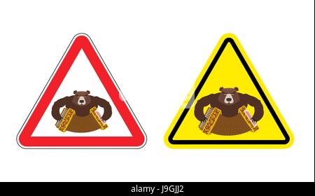 Warning sign drunk Russian tourist attention. Dangers yellow sign people from Russia. Bear with accordion on red triangle. Set of road signs against a Stock Vector