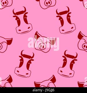 Cow and pig seamless pattern. head of boar and bull ornament. Pork and beef texture. Cute farm animals. Retro background for childrens fabric Stock Vector