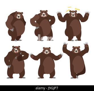 Bear set on white background. Grizzly various poses. Expression of emotions. Wild animal yoga. Eevil and good. Sad and happy animal. Big strong predat Stock Vector