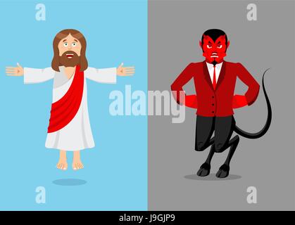 Jesus and devil. Christ and Satan. Son of God and demon Lucifer. Holy man and prince of  underworld. Religious antagonists, spiritual opponents Stock Vector