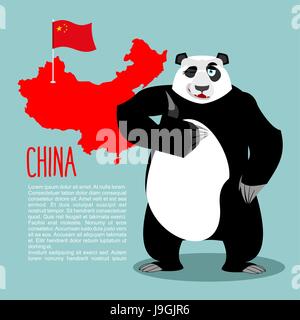Panda and map and flag of China. Chinese medvde showing thumbs up and winking. Good animal sign okay. Stock Vector