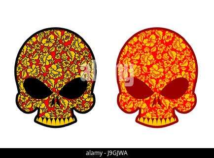 Skull in Khokhloma style. Head skeleton texture Russian national painting Stock Vector