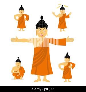 Buddha set of movements. Indian god set of poses. Holy man expression of emotion. High teacher for Buddhists. Holy man in orange robes Stock Vector