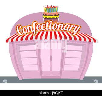 Confectionary shop. Sweets shop. Signage celebratory cake. Fun sweets and cakes bakery in  rear. Confectionary showcase. Stock Vector