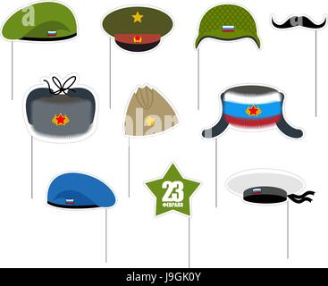 23 February Photo props. National holiday in Russia. Defender of fatherland day. Military hat and peakless Cap. Hats soldiers. Green and blue beret. M Stock Vector