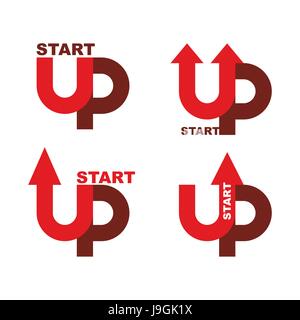 Startup logo. Character set for commencement of business. Red up arrow. Beginning of business ideas. Concept for your business. Start of production. S Stock Vector