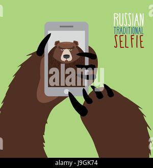 Selfie in Russia. Bear selfie. Bear paw holding a phone. Russian traditional ornament Stock Vector