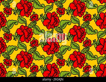 Khokhloma Russian national seamless pattern. Historic Cultural Decorative seamless design. Traditional Folk Ornament in Russia. Red flowers on gold ye Stock Vector