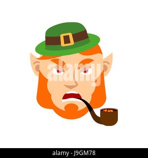 Leprechaun angry. Dwarf with red beard aggressive Emoji. Irish elf emotions. St.Patrick 's Day. Holiday in Ireland Stock Vector