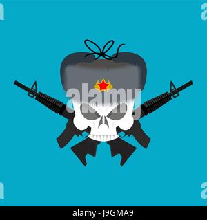 Skull in fur hat. Symbol of specter of communism. Red emblem of death Stock Vector