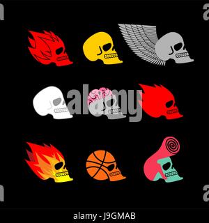 Skull set emblem. head of skeleton and fire logo. Basketball and brains. Stock Vector