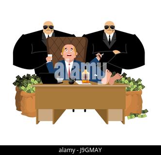 Rich man sits at table and drinks whiskey. To smoke cigar. plutocrat and bag money. Big boss and security. businessman and guards. lot of cash. Office Stock Vector