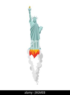 Statue of Liberty flying rocket. Landmark America is flying. Flame and smoke from turbine Stock Vector