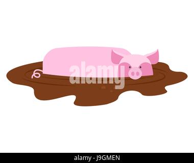 Pig in mud. piggy dirty puddle. Farm animal piglet Stock Vector