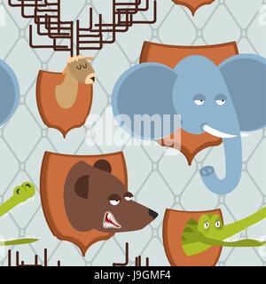 Head animal Hunter trophy seamless pattern. elephant and bear. moose and crocodile on shield. Scarecrow wild beast. Hunting background Stock Vector