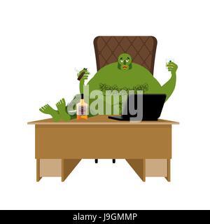 Internet troll. Big green goblin sits at laptop. Org and computer. Green Monster writes comments Stock Vector
