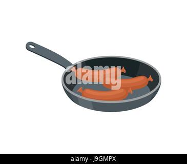 Sausages in pan to fry. Meat delicacy. Food isolated Stock Vector