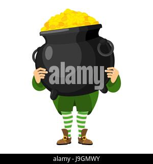 Leprechaun holding pot of gold. Dwarf with red beard and boiler of golden coins. Legendary treasures for lucky. St.Patrick 's Day. Holiday in Ireland Stock Vector