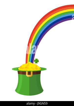 leprechaun hat and rainbow. St. Patricks Day in Ireland. Green cap and gold Stock Vector