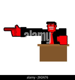Angry boss points finger up. Office relationships. Dismissal at work Stock Vector