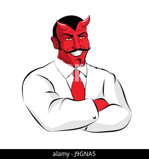 Satan boss. Devil businessman in white suit. Red demon with horns Stock Vector