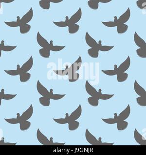 Black dove seamless pattern. Pigeons flying background. Birds in sky ornament Stock Vector