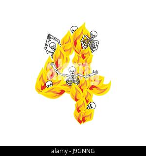 Number 4 hellish flames and sinners font. Fiery lettering four. Infernal fire alphabet. ABC devilish flame of Death Satanic and skeleton Stock Vector