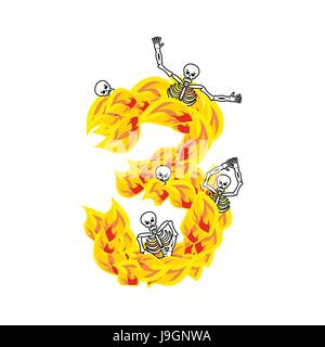 Number 3 hellish flames and sinners font. Fiery lettering three. Infernal fire alphabet. ABC devilish flame of Death Satanic and skeleton Stock Vector