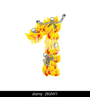 Number 1 hellish flames and sinners font. Fiery lettering one. Infernal fire alphabet. ABC devilish flame of Death Satanic and skeleton Stock Vector