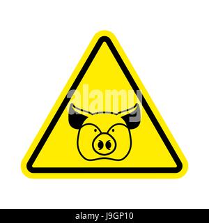 Warning Pig. swine on yellow triangle. Road sign attention to farm animal Stock Vector