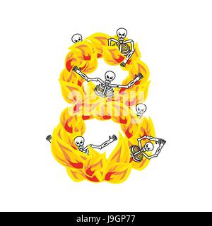 Number 8 hellish flames and sinners font. Fiery lettering eight. Infernal fire alphabet. ABC devilish flame of Death Satanic and skeleton Stock Vector